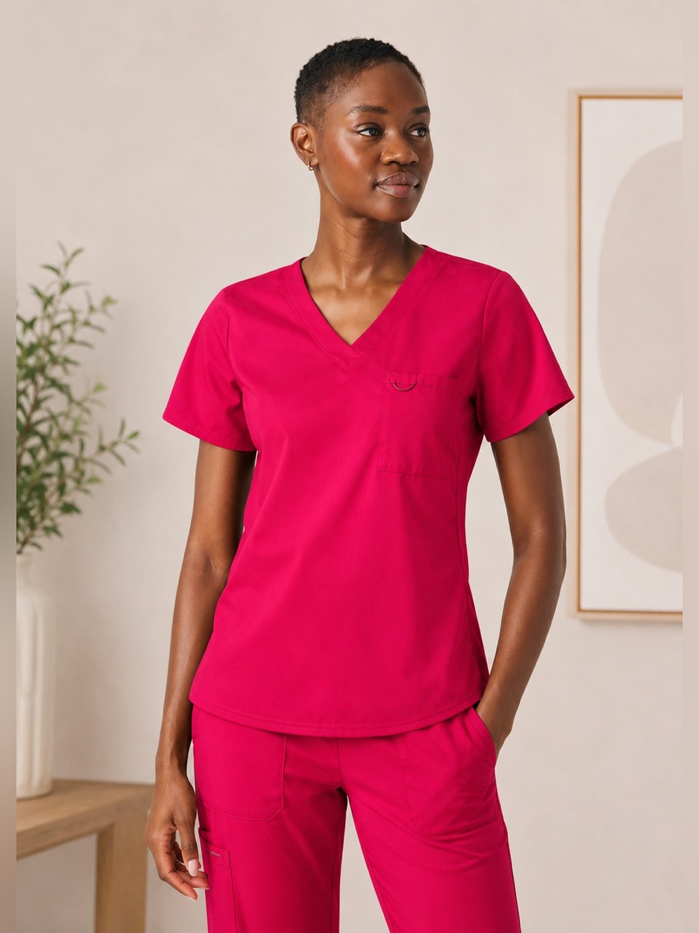 LANDAU PROFLEX 2-Pocket V-Neck Rib Knit Scrub Top Bright Rose